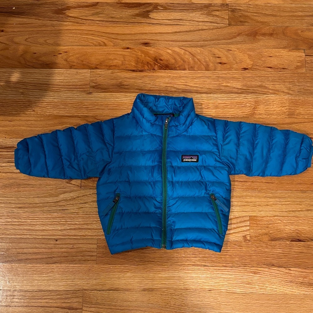 Patagonia Blue Puffer Jacket with Green Accents, 3-6 months